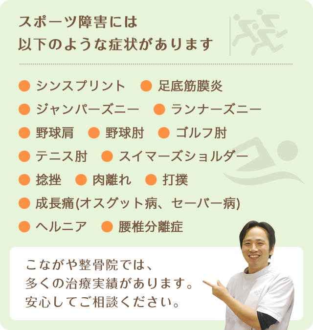 スポーツ障害には以下の様な症状があります