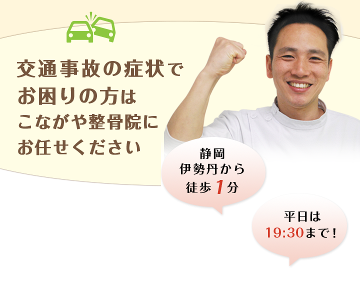 交通事故の症状でお困りの方は、こながや整骨院にお任せ下さい